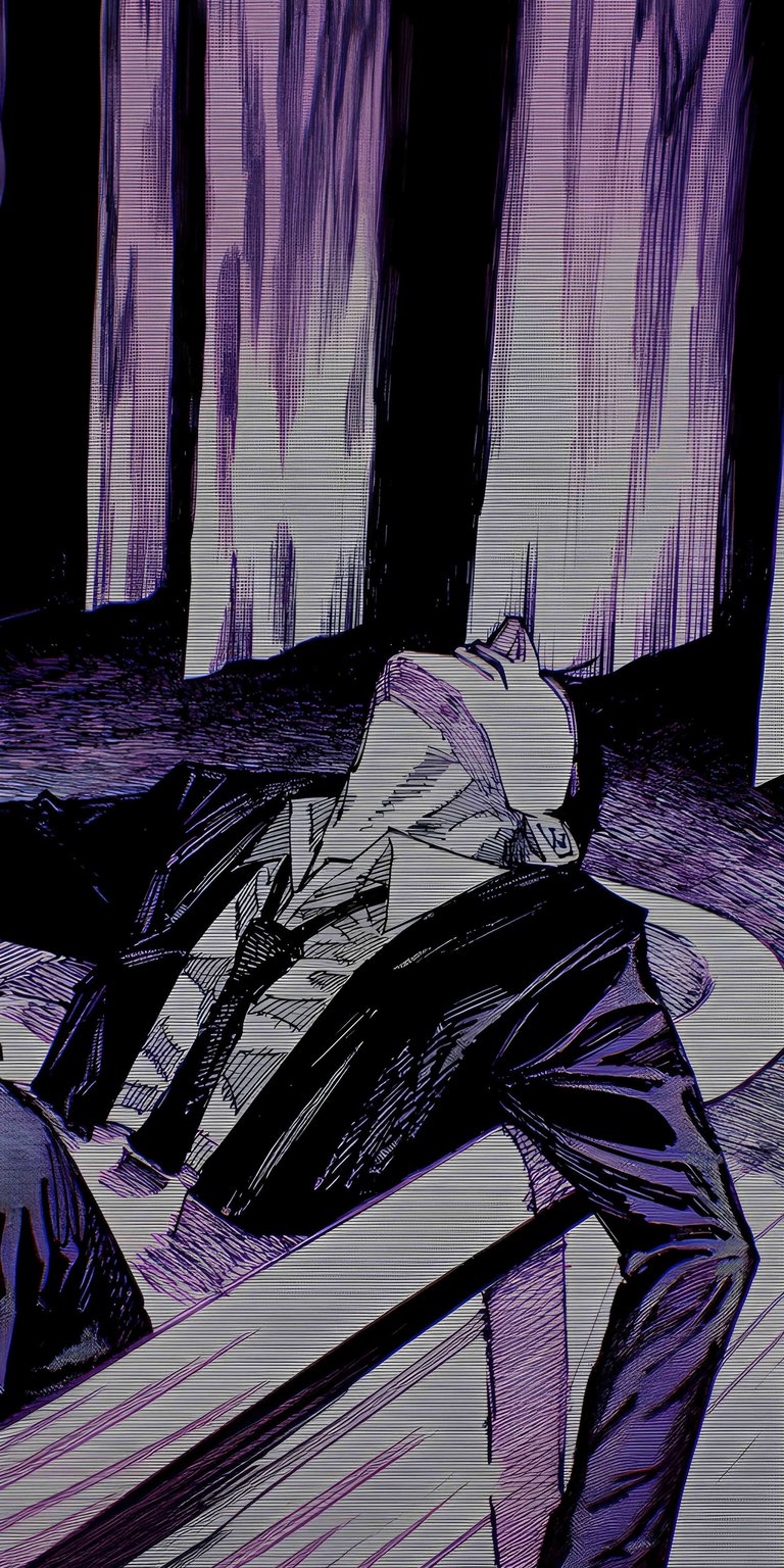 Get this high-quality Denji wallpaper for your iPhone, showcasing the character amidst striking purple trees in 4K. This wallpaper features a man in a suit with a tie.