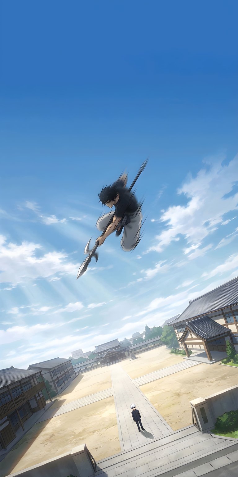 Download this Toji Fushiguro wallpaper in stunning 4K for your iPhone; it features him mid-air, wielding a polearm against a backdrop of traditional Japanese architecture and a clear blue sky. This action-packed wallpaper captures the intensity and skill of the character.