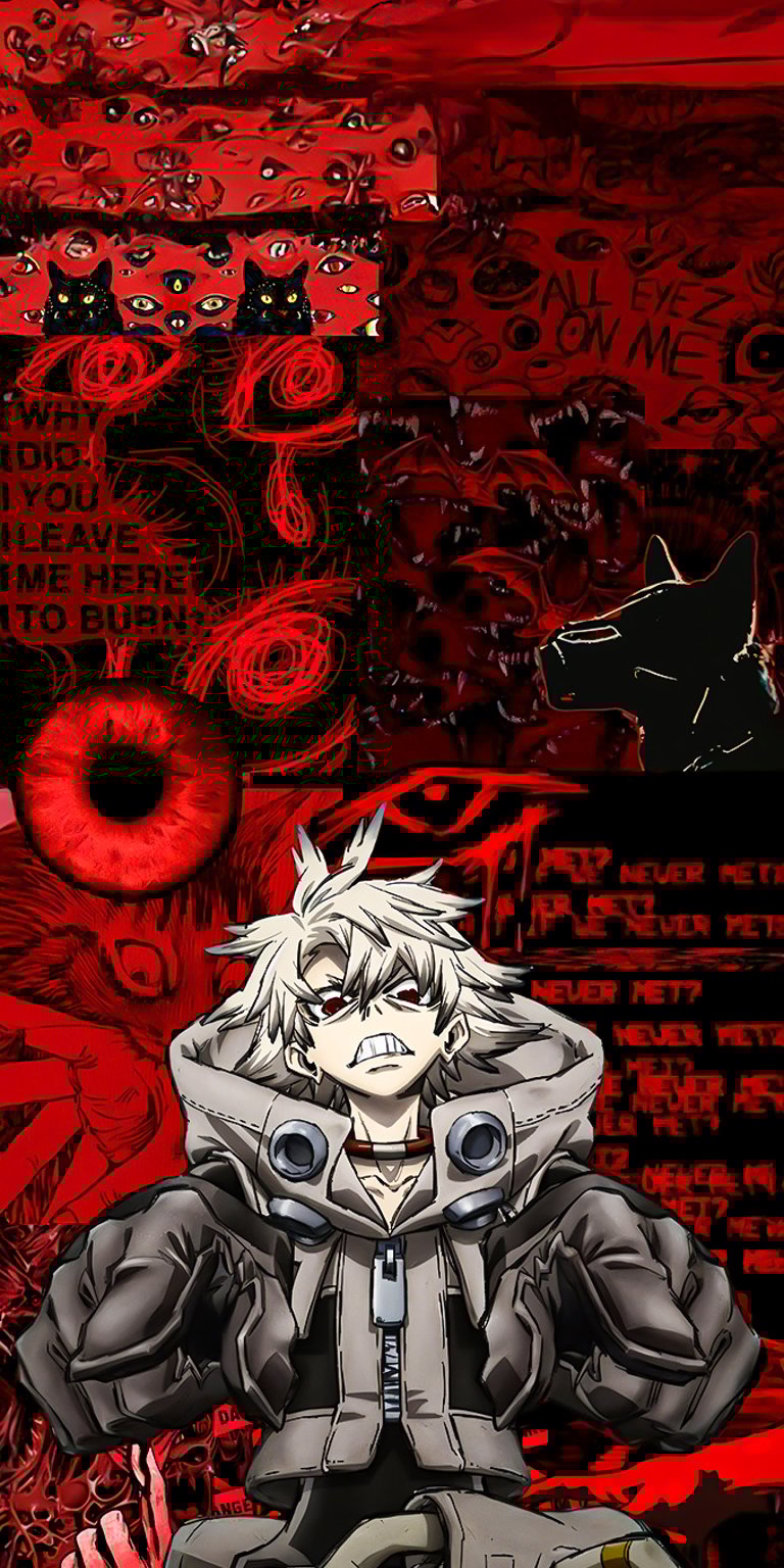 A popular visual from the hit Gachiakuta manga and anime series, featuring the main protagonist Rudo Surebrec against a background of red eyes and stark text. This image is designed to bring a powerful, action-packed, and mysterious anime aesthetic to your phone, perfect for adding a bold, dark, and driven look.