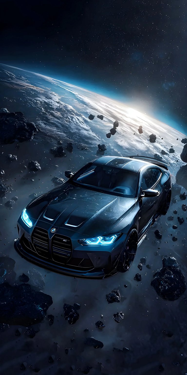 This high-octane wallpaper features a sleek, black BMW M4 (G82) drifting through a deep-space asteroid field. The vehicle’s signature "M Power" laser headlights cut through the cosmic darkness, reflecting off floating space debris and distant starlight. It is the perfect choice for automotive enthusiasts looking for a "Dark Mode" aesthetic that blends hyper-realistic car rendering with sci-fi elements.