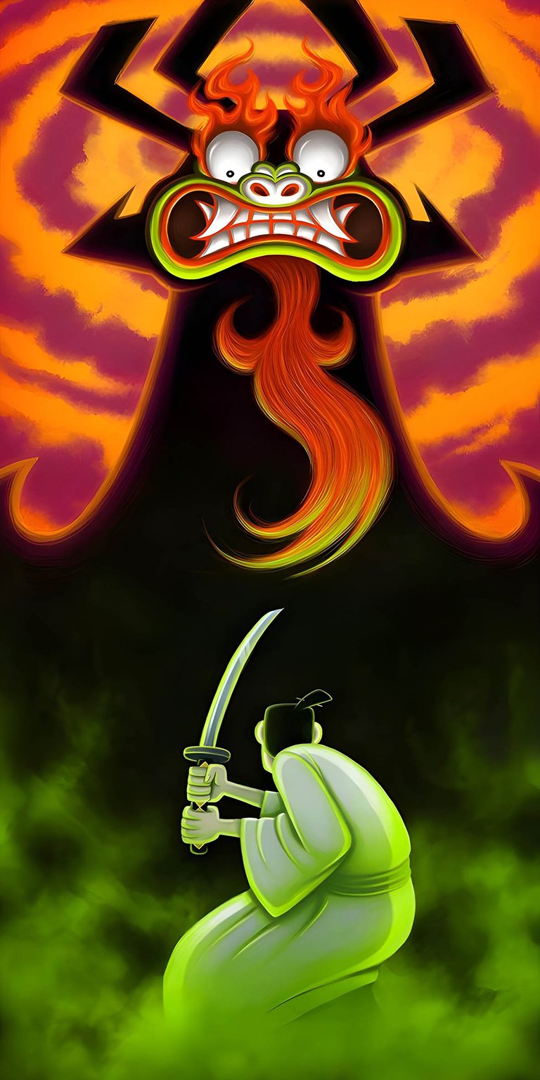 Get this intense Samurai Jack versus Aku 4K wallpaper for your iPhone. In this wallpaper, Aku has a flaming head and green drool with a green smokey background.
