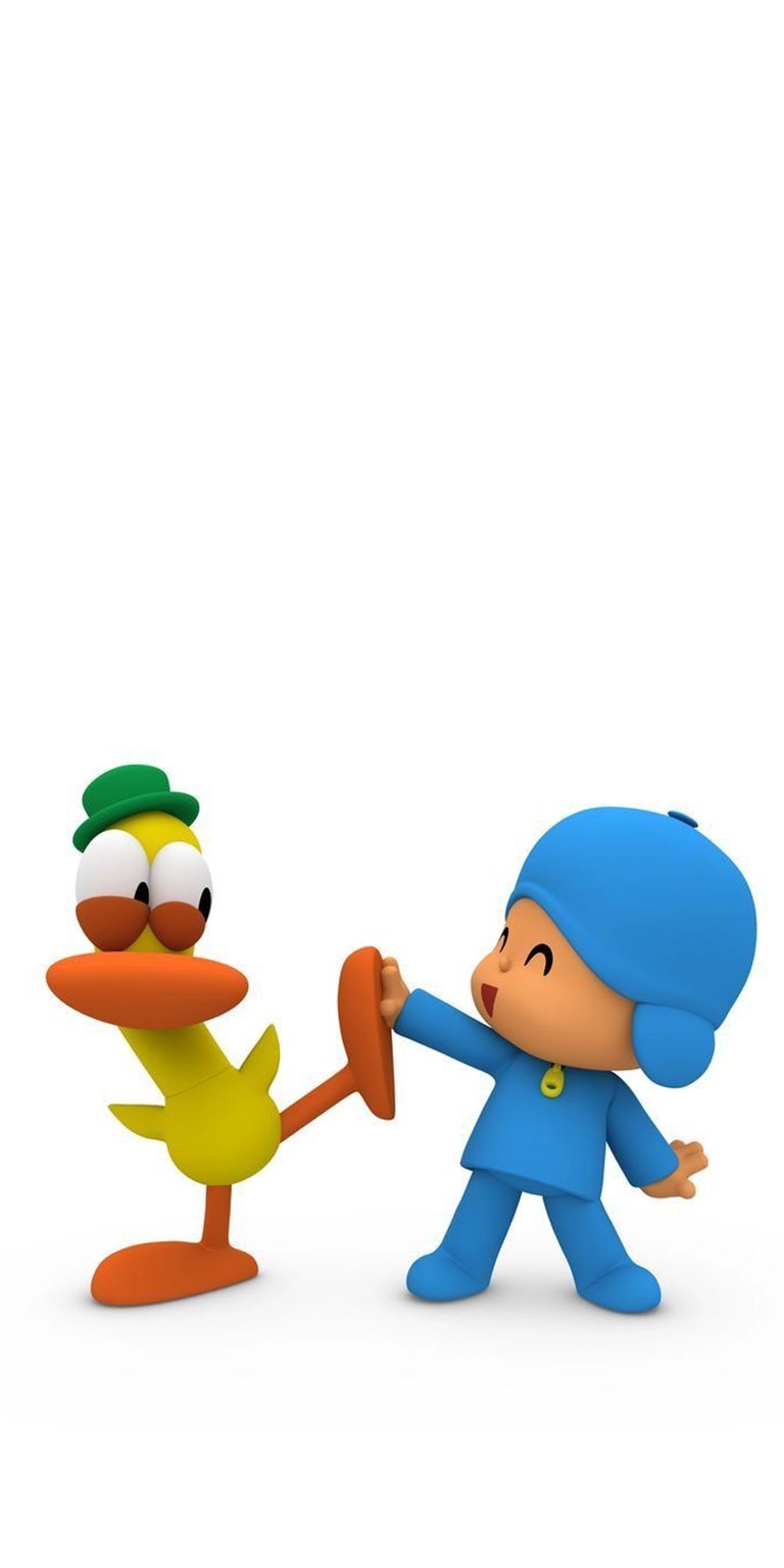Check out this vibrant Pocoyo wallpaper in 4K for your iPhone, featuring Pocoyo giving Pato a high five. The background is a clean white, and Pato sports a jaunty green hat.