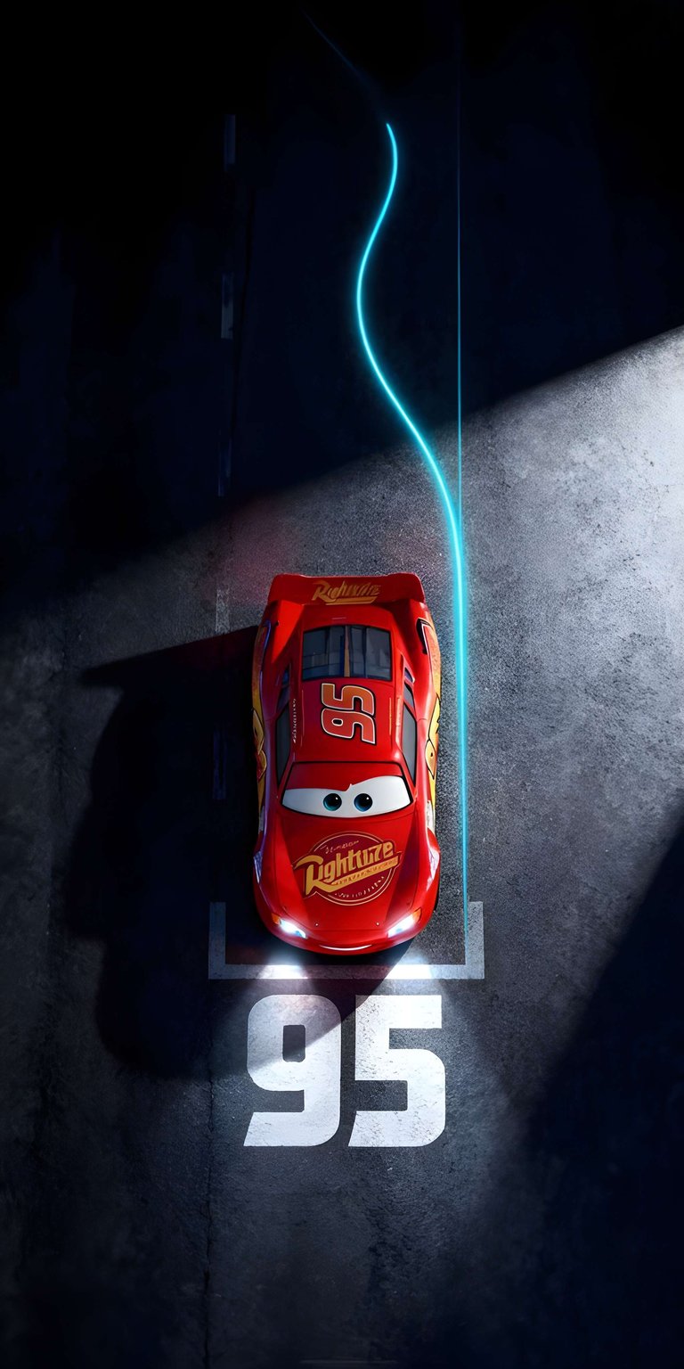 This high-octane 4K wallpaper for iPhone features Lightning McQueen leaving a glowing blue neon trail on a dark racetrack. The vibrant red paint and iconic "95" logo make this the perfect high-resolution wallpaper for Pixar fans.