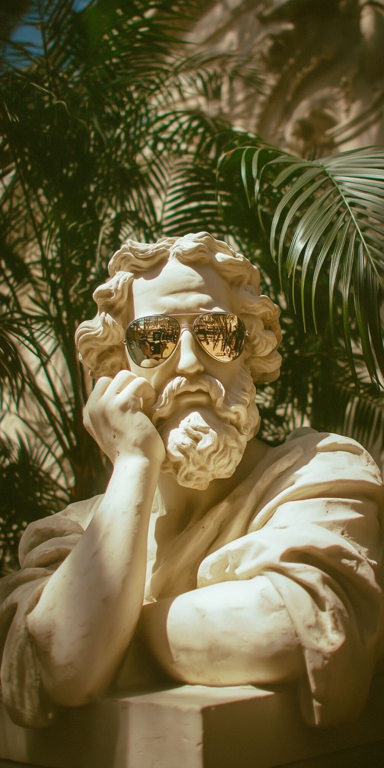 Statue Sunglasses 3D Wallpaper featuring a classical marble statue wearing modern sunglasses with warm golden lighting. This aesthetic wallpaper for iPhone blends stone texture and contemporary style, making the wallpaper perfect for lock screen and home screen setups.