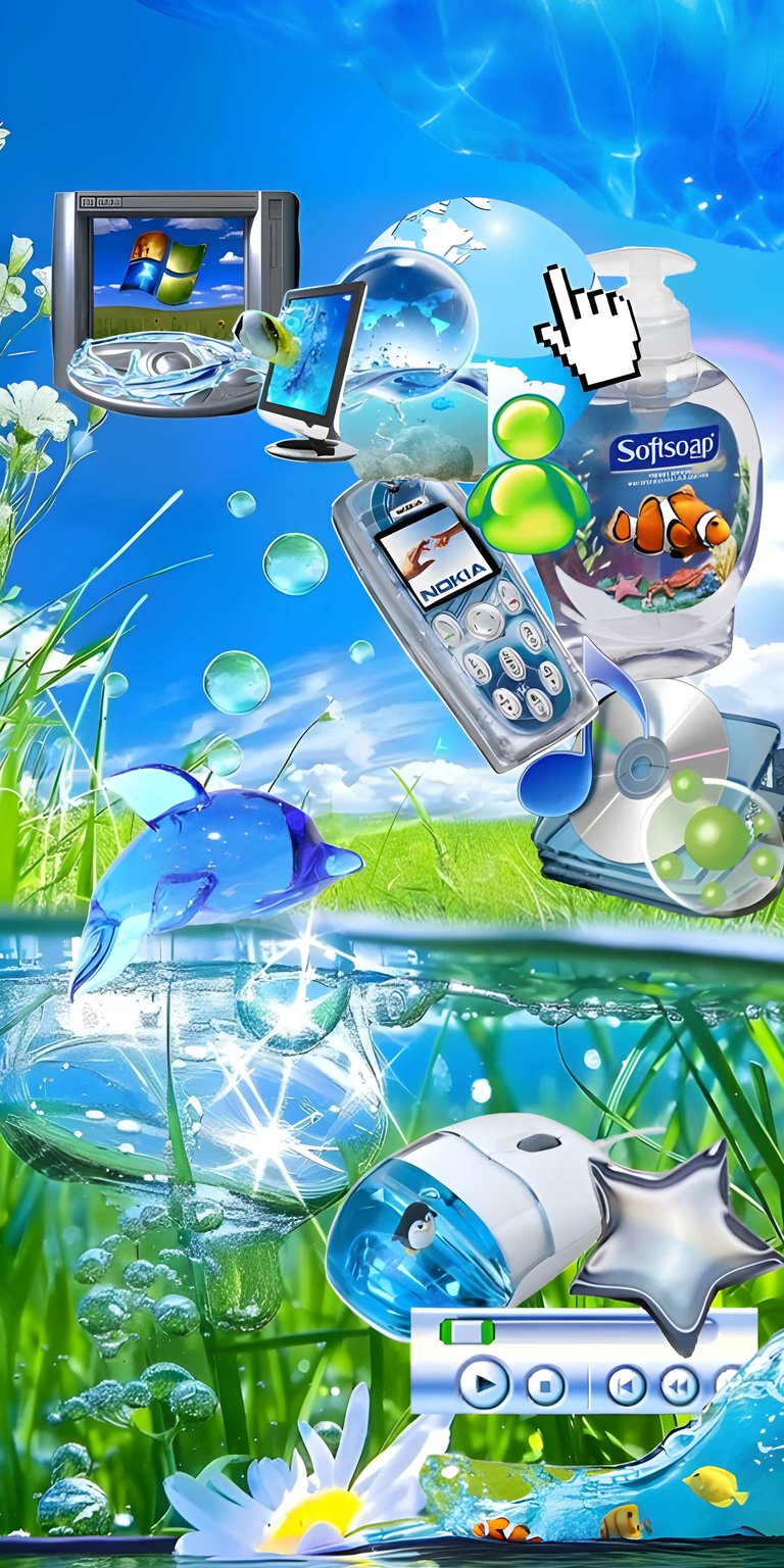 Download this vibrant Windows XP themed 4K wallpaper for your iPhone, featuring a nostalgia-inducing composition. Notice the floating bubbles, a classic Nokia phone, and a soap bottle adorned with a clownfish.