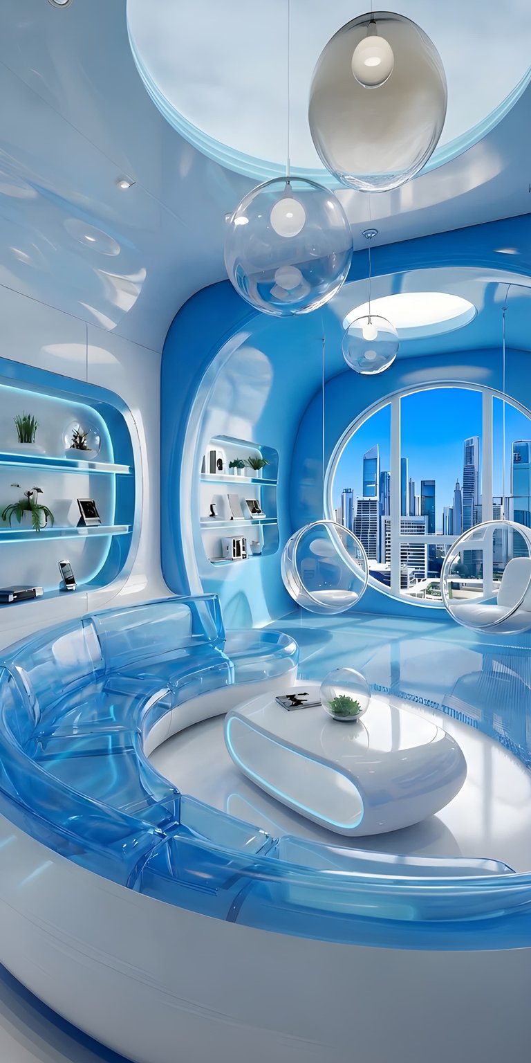 Download this stunning 4K wallpaper for your iPhone, showcasing a modern blue room. The wallpaper features hanging bubble chairs, city view through a round window, and built-in shelves with plants.