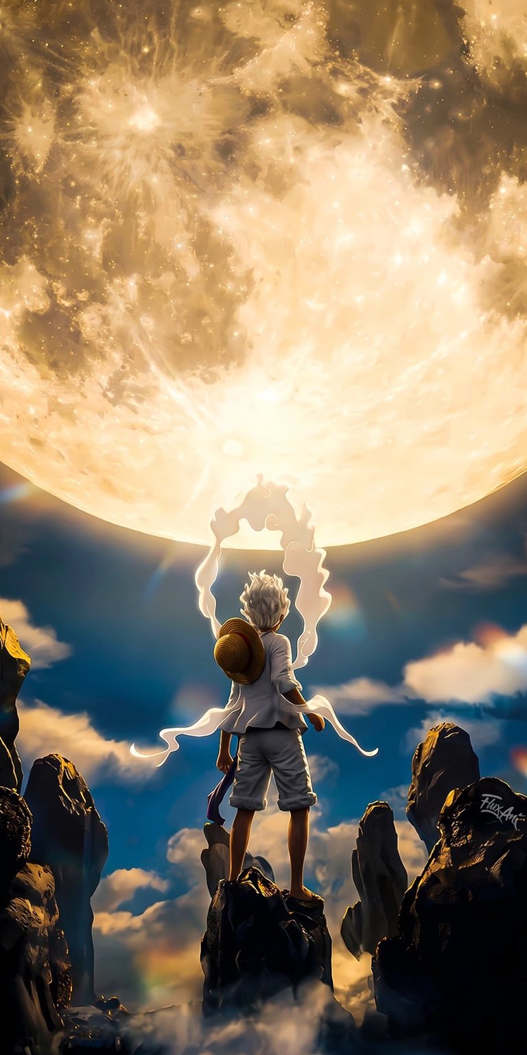 Download this striking Luffy Gear 5 wallpaper in 4K for your iPhone, showcasing him under a massive moon with streaming white tendrils. This wallpaper highlights Luffy's signature straw hat and the surrounding rocky landscape.