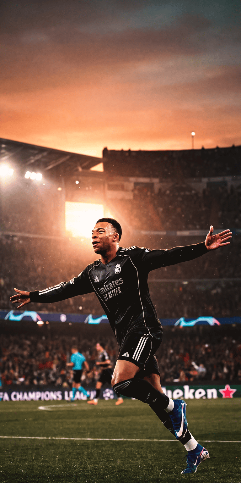 This 3D wallpaper captures Vinícius Júnior in a sleek black kit during a high-stakes match. The sunset lighting in the background makes it a visually striking aesthetic wallpaper for any iPhone.