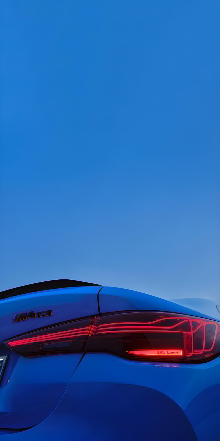 This 4K wallpaper features the sleek, glowing laser tail lights of a BMW M4 CS against a vast blue sky. Perfect as an iPhone lock screen, this minimalist wallpaper utilizes high-contrast lighting and a clean composition to emphasize automotive precision.