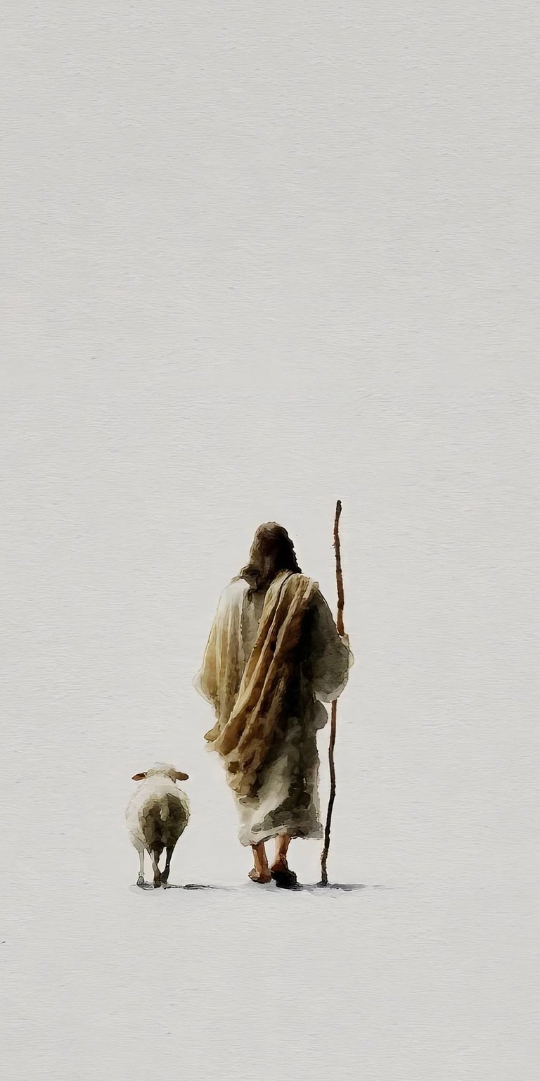 Download this amazing Jesus wallpaper in 4K for your iPhone, showcasing Jesus walking with a sheep, holding a wooden staff, and draped in a soft, neutral-toned robe. This minimalist wallpaper is a perfect addition to your phone.