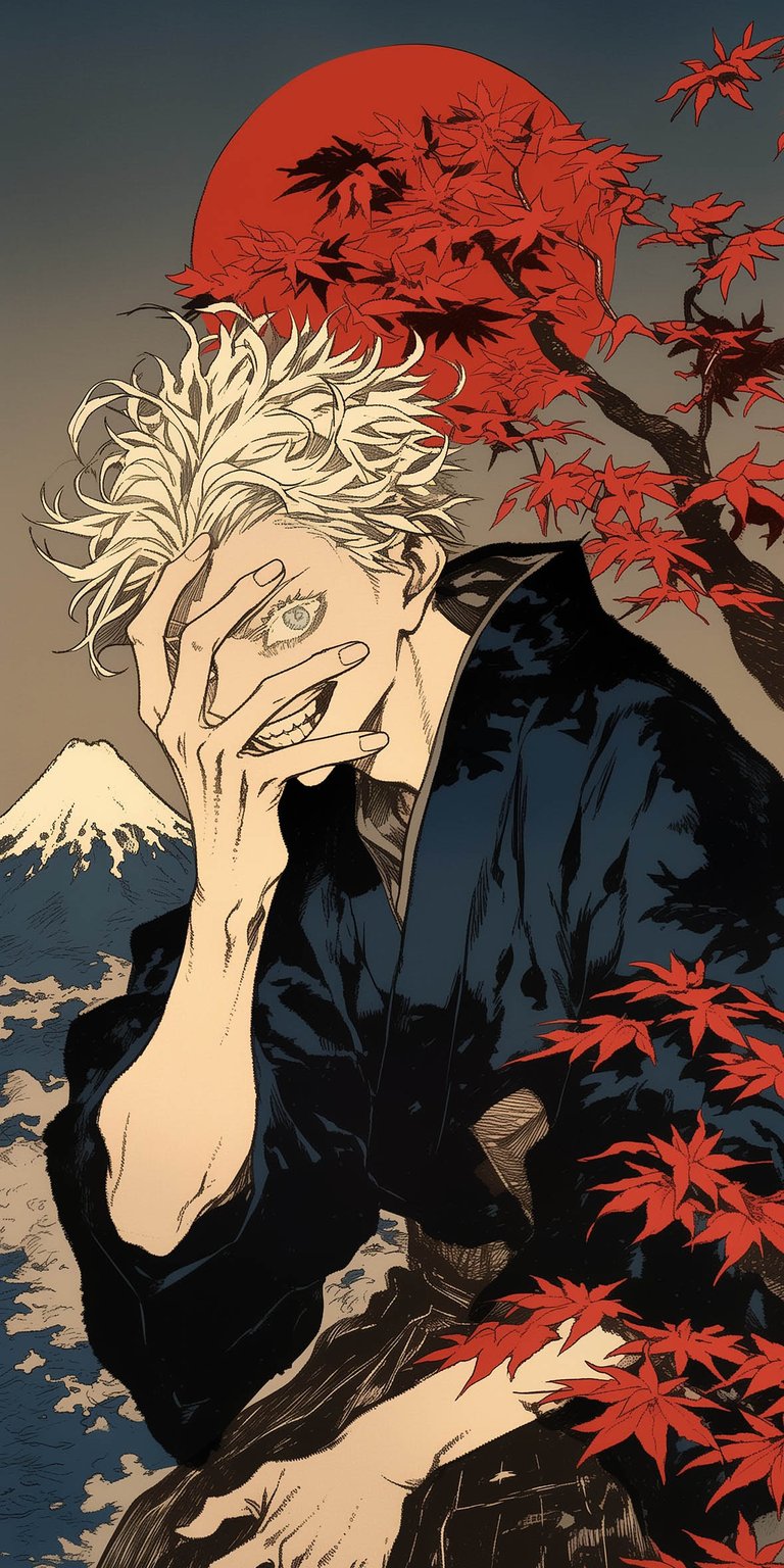 This aesthetic wallpaper features Satoru Gojo in a traditional Japanese kimono set against a striking Ukiyo-e style background. Designed for iPhone, the image showcases bold red maple leaves and Mount Fuji under a deep red sun for a high-contrast, artistic look.