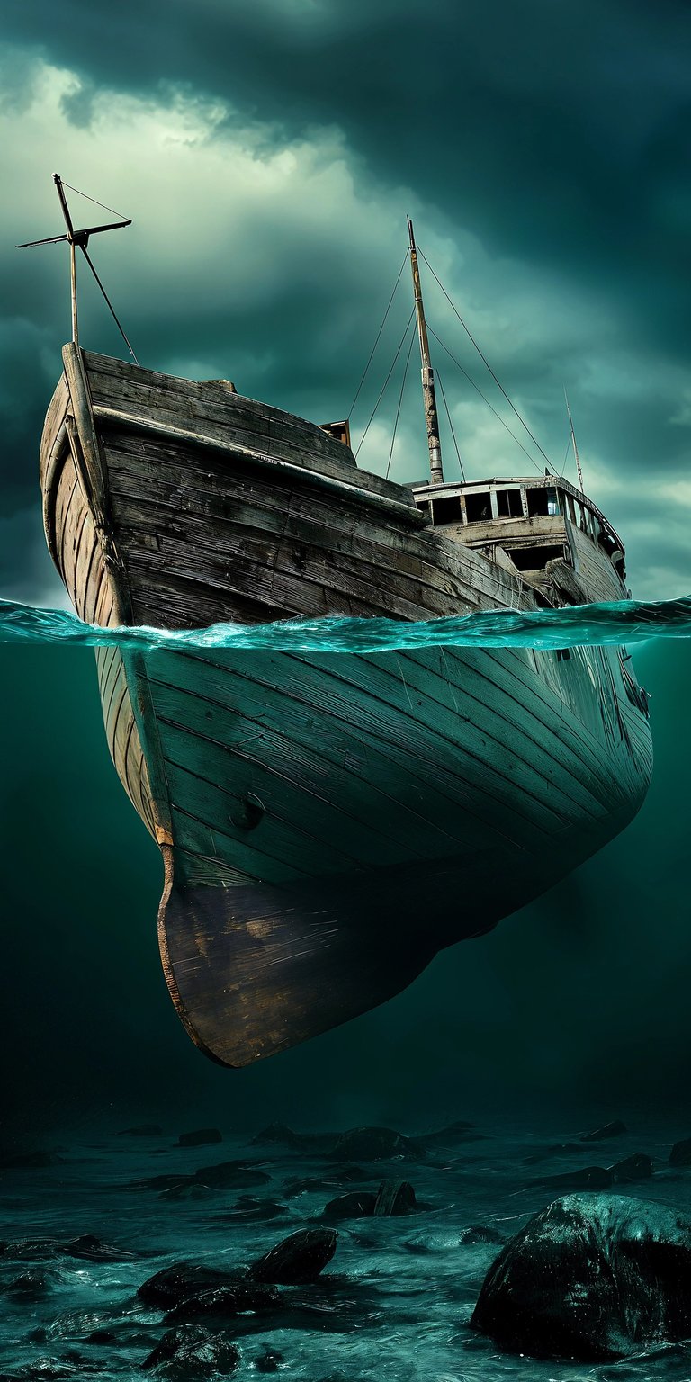 Download this incredible shipwreck wallpaper in 4K for your iPhone! Witness the decaying wood, rusted mast, and submerged hull, a haunting scene for your device's wallpaper.