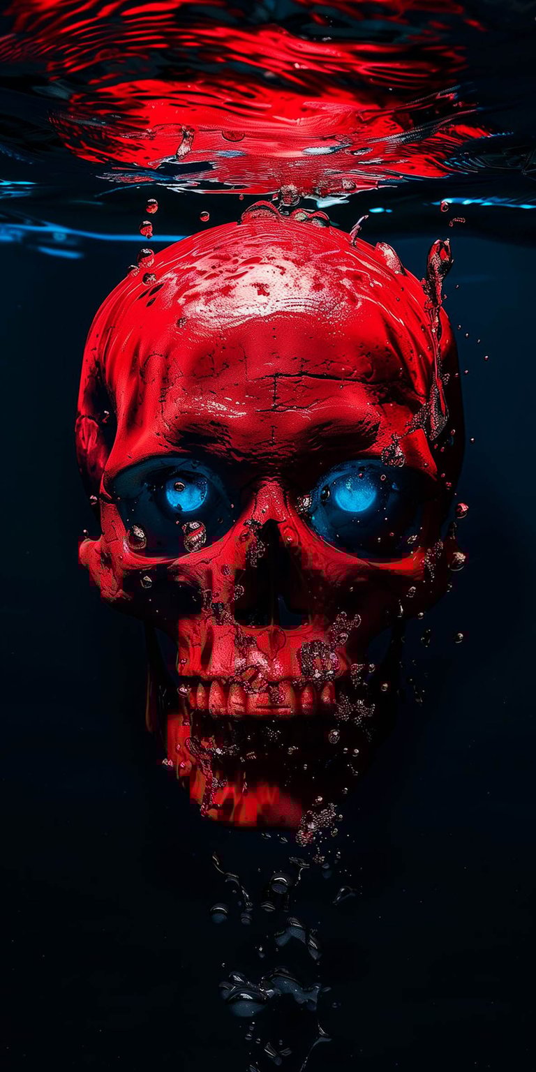 This intense red skull wallpaper showcases cinematic textures and glowing blue eyes submerged in dark water. Optimize your iPhone display with this high-contrast 4K wallpaper featuring realistic fluid ripples and macabre detail.