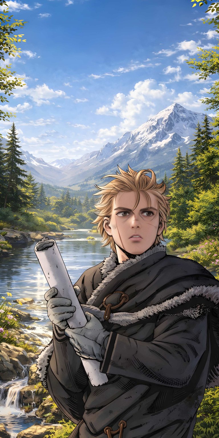 Download this striking Thorfinn 4K wallpaper for your iPhone, showcasing the character holding a rolled scroll against a serene backdrop of snow-capped mountains and a flowing river. This detailed wallpaper captures Thorfinn's determined gaze and the intricate fur trim of his cloak.