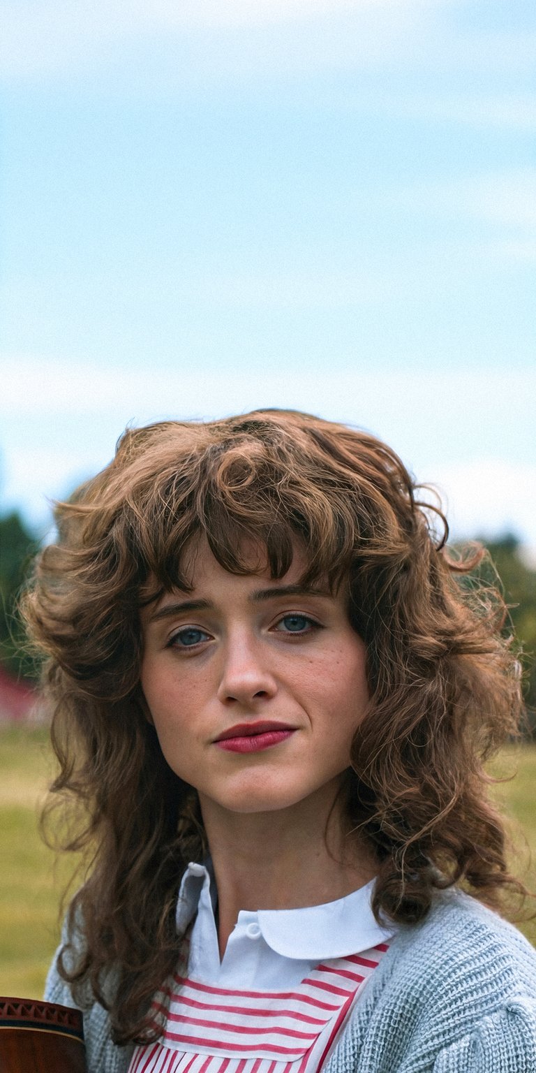 Download this stunning 4K wallpaper of Nancy Wheeler for your iPhone! This wallpaper captures Nancy Wheeler with her curly brown hair, striking blue eyes, and a vintage-style red and white striped dress.