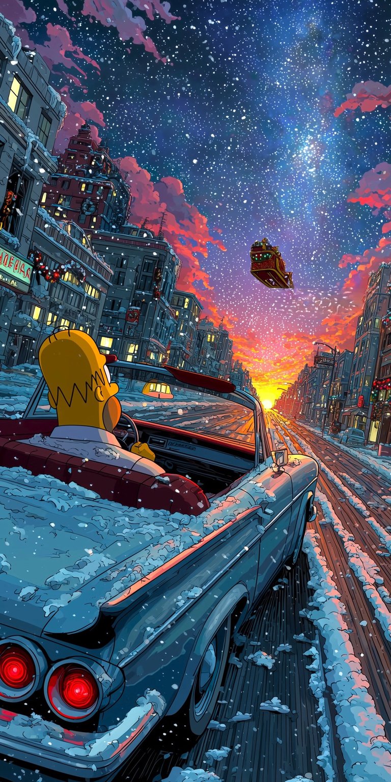 Download this Homer Simpson 4K wallpaper for your iPhone to showcase a snowy winter drive with a flying sleigh in the distance. This wallpaper features a vintage convertible, star-filled sky, and city backdrop.