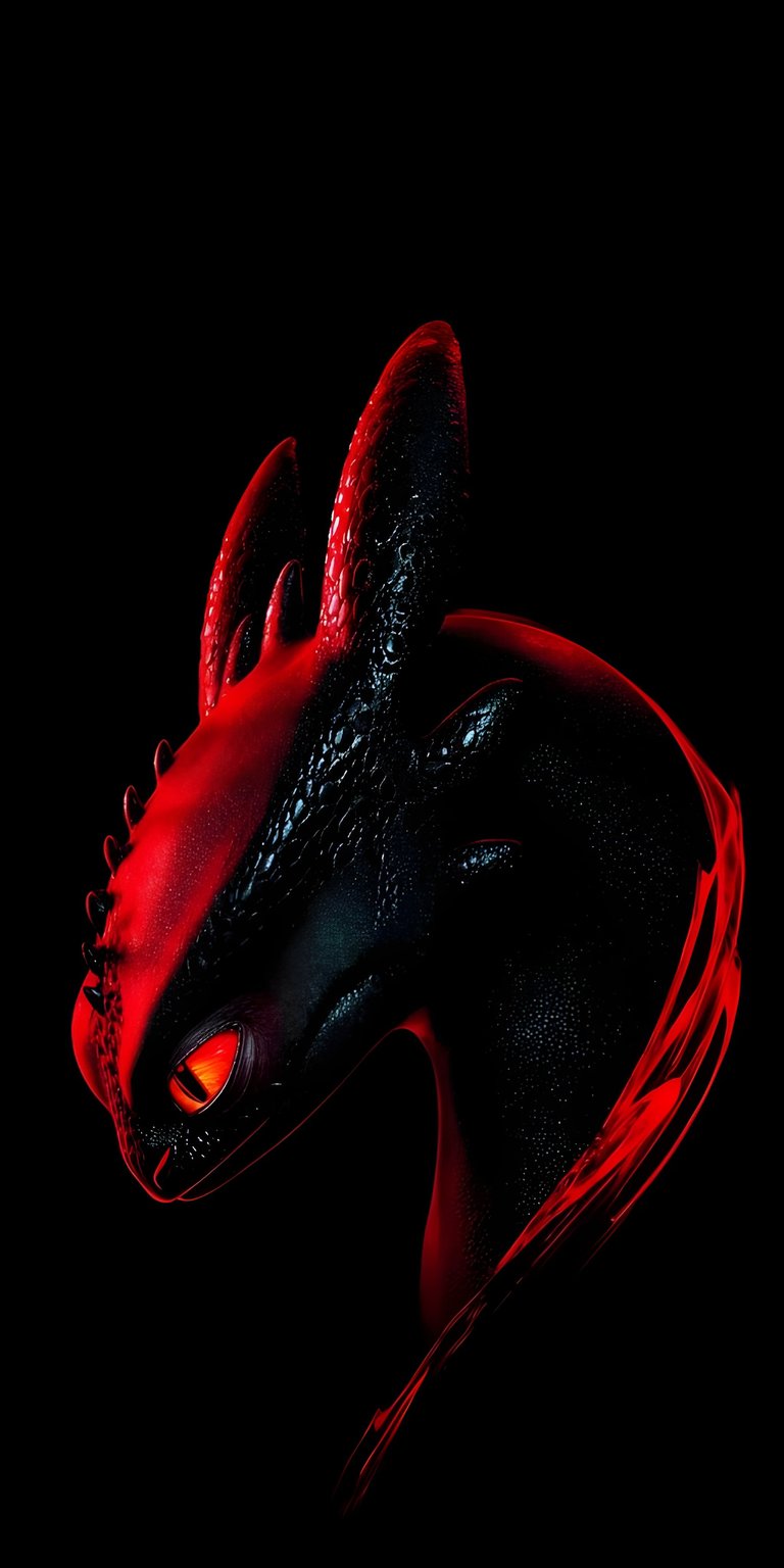 Download this Toothless 4K wallpaper for your iPhone, showcasing the dragon's glowing red eyes and scaley skin. This high-resolution wallpaper highlights Toothless illuminated in red.