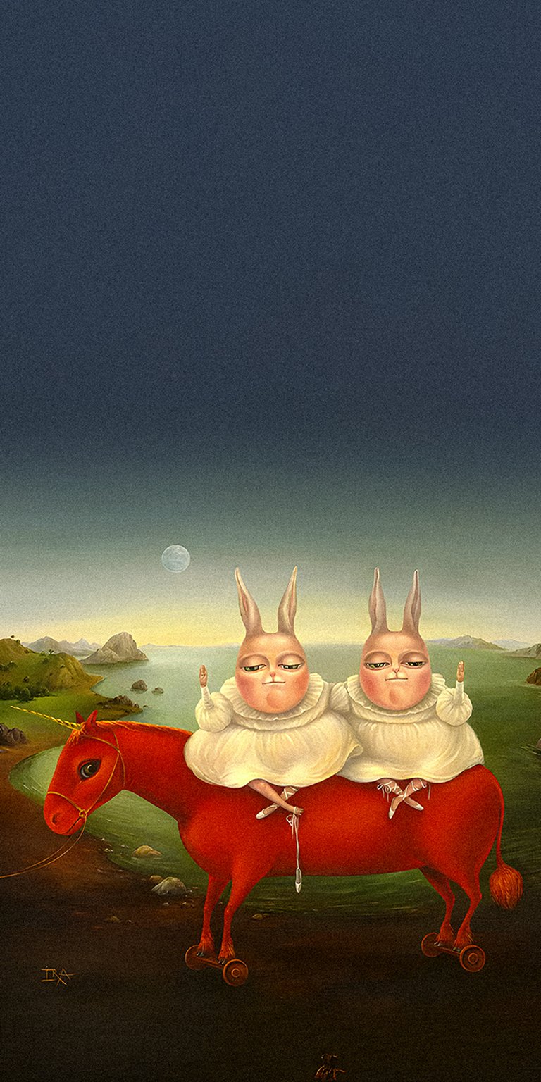 Bunny twins sitting on a red weird looking unicorn Meme iPhone 4K Wallpaper