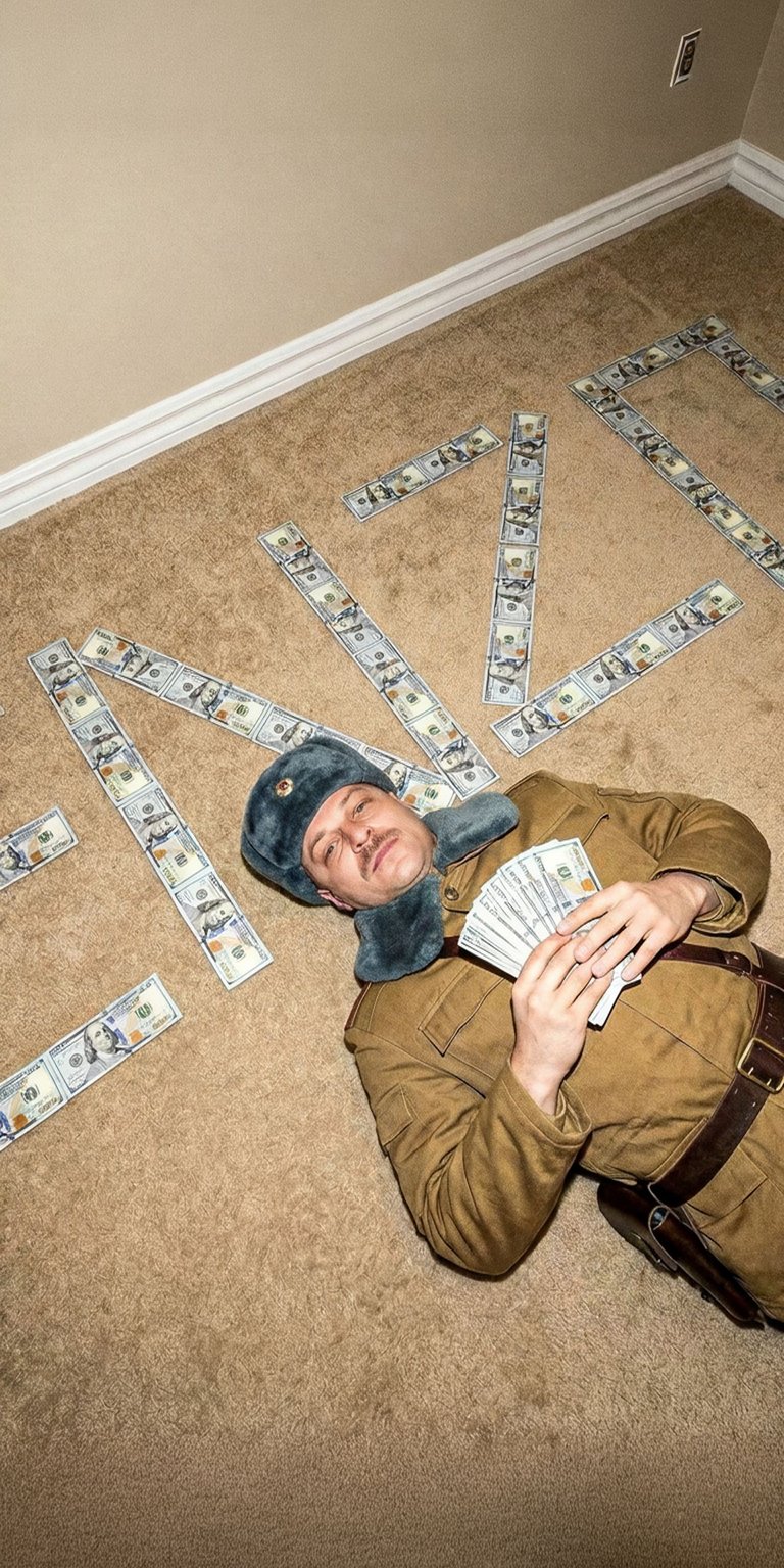 Download this Stas Reeflay 4K wallpaper for your iPhone, featuring a man in a Russian hat laying on the floor amidst stacks of money forming the number '2100'. This high-quality wallpaper captures a unique scene.