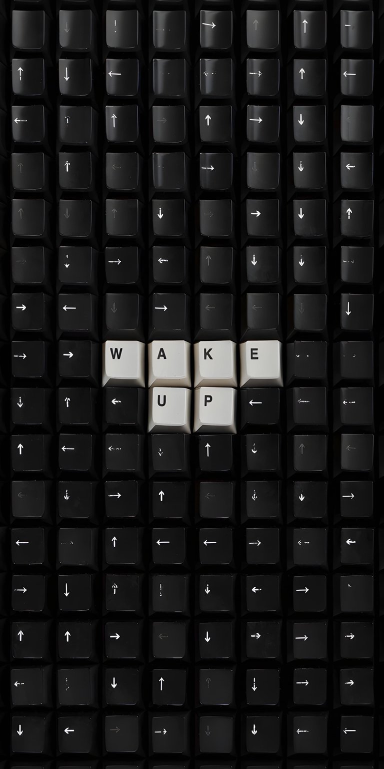 Download this Wake Up 4K wallpaper for your iPhone, which features a matrix of keyboard keys with arrow symbols in a dark monochromatic tone. The 'WAKE UP' message is displayed in bright contrast among the surrounding keys, creating a striking wallpaper.