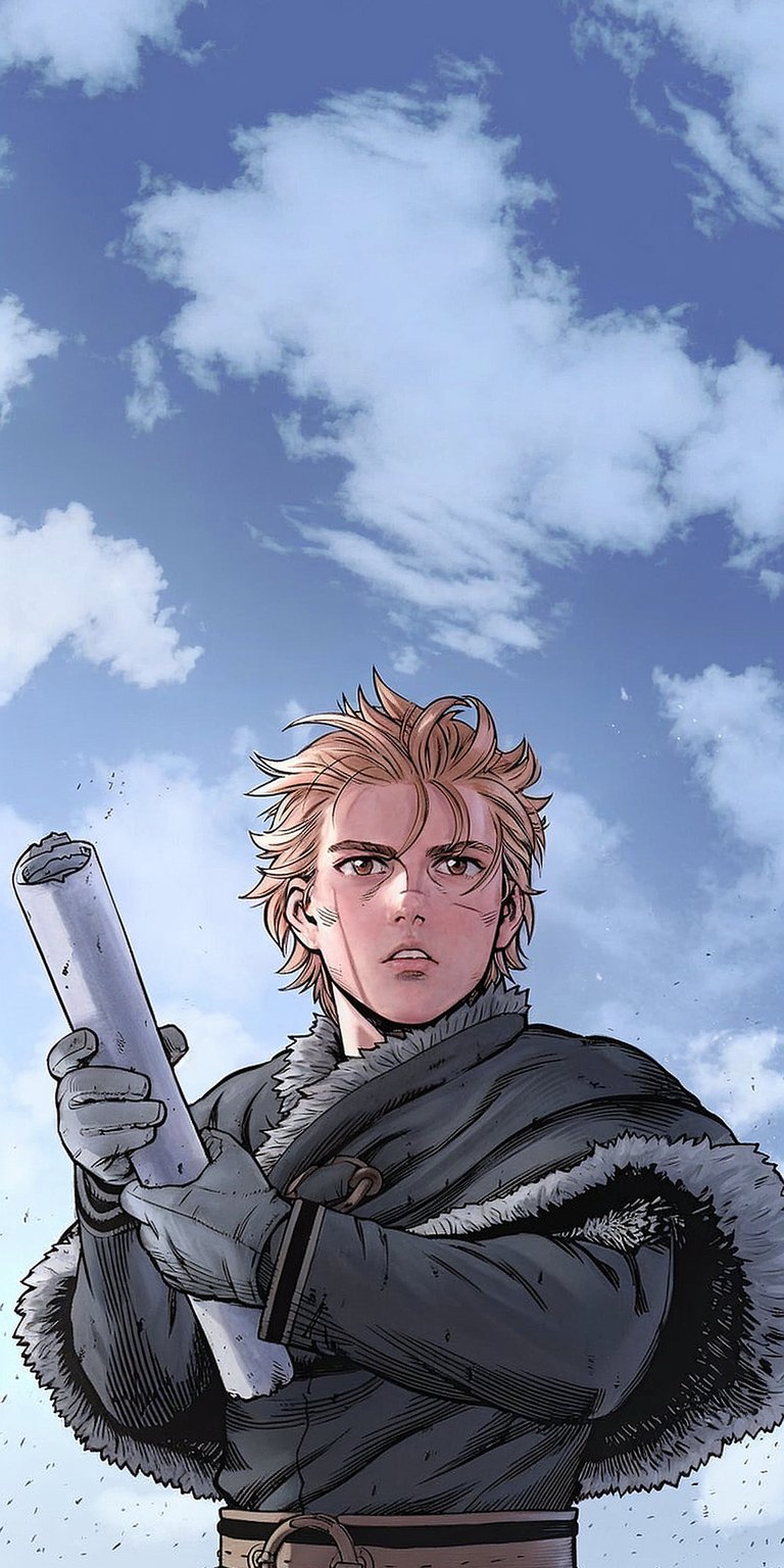 Download this stunning Thorfinn wallpaper in 4K for your iPhone, showcasing his determined gaze and a battle scar. This wallpaper also highlights his fur-lined cloak and the blue sky with white clouds.