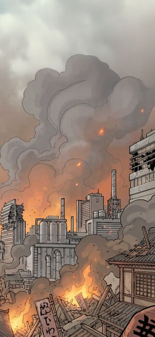 Download this Invincible 4K wallpaper for your iPhone, showing the transition from a smoky cityscape to Invincible flying above the destruction. This striking wallpaper features burning buildings and billowing smoke, creating a unique look.