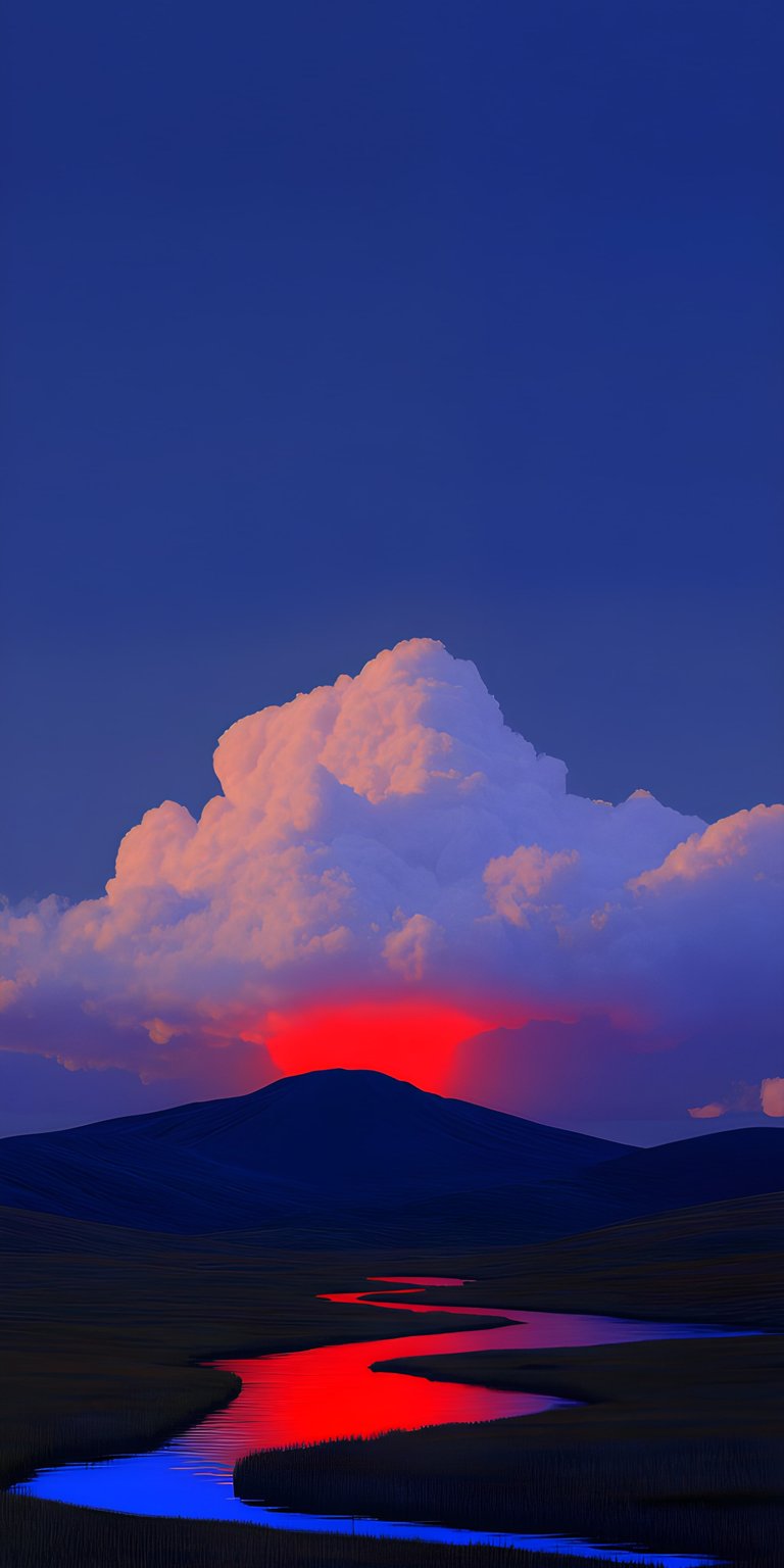 Download this striking landscape wallpaper in 4K for your iPhone, featuring a red-lit river winding through a dark field. The clouds are lit from behind, casting a pink glow above the silhouetted mountain.