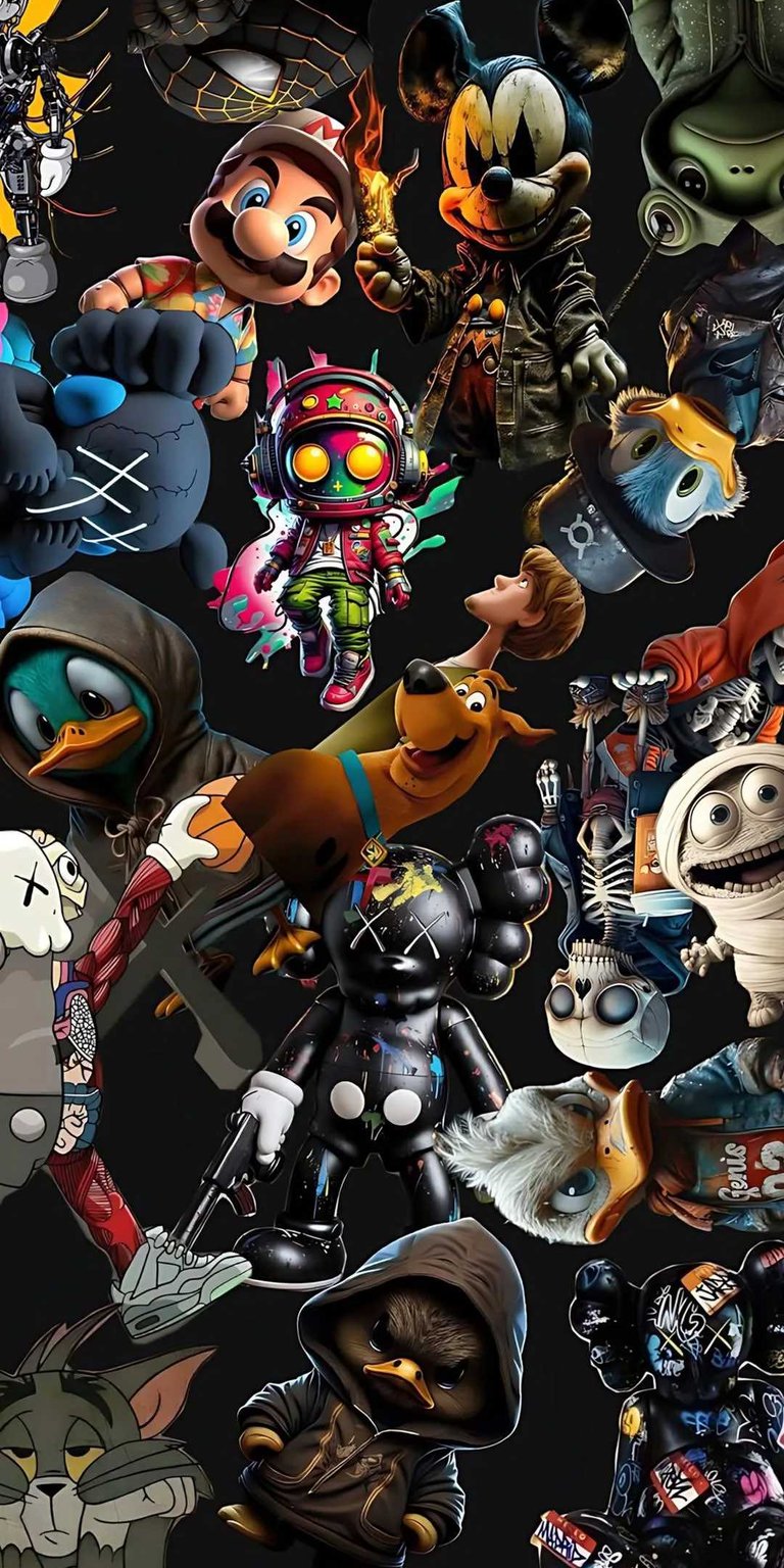 This vibrant cartoon characters 4K wallpaper features familiar faces with a twist for your iPhone. See Mickey Mouse in a leather jacket, Donald Duck in a top hat, and a Kaws figure in streetwear, all set against a sleek, dark backdrop, making this wallpaper truly unique.