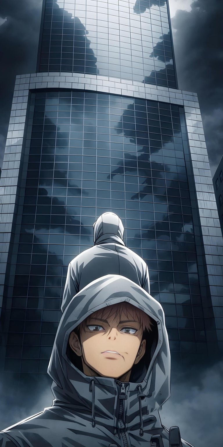 Download this stunning Yuji Itadori wallpaper in 4K for your iPhone, featuring a hooded figure against a towering, mirrored skyscraper. The dramatic lighting highlights the character's intense gaze and the building's grid-like design, making this a perfect wallpaper for fans.