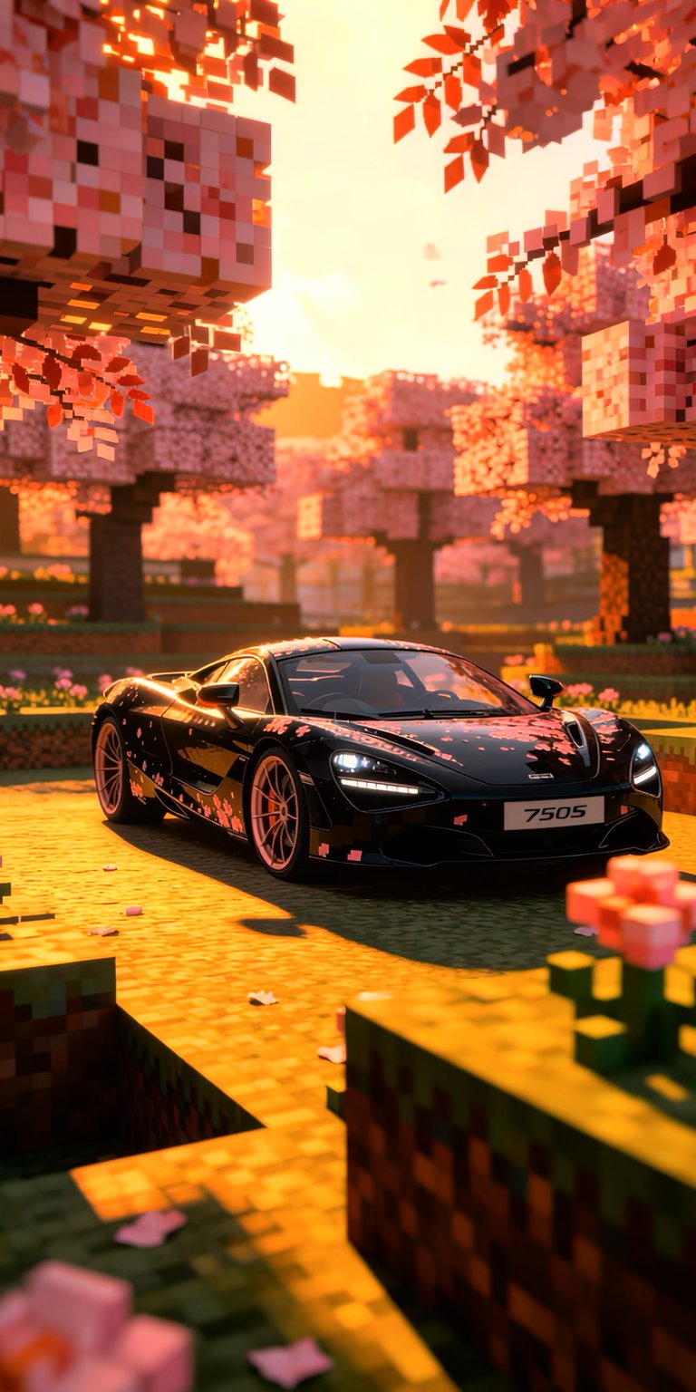 A dramatic low-angle shot of a McLaren 750S as the sun sets over a Minecraft-style horizon. The sky is a gradient of deep orange and purple, highlighting the blocky cherry blossom groves and reflecting off the car’s aerodynamic curves.
