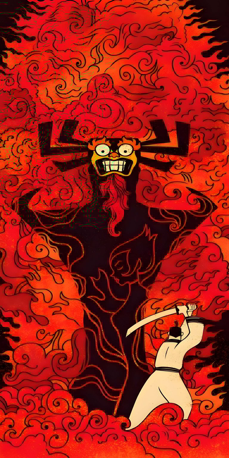 This Samurai Jack vs Aku wallpaper features a bold red and black color palette with a striking silhouette depth effect. The 4K mobile wallpaper captures the unique Cartoon Network art style with high-energy fire textures and iconic character designs.
