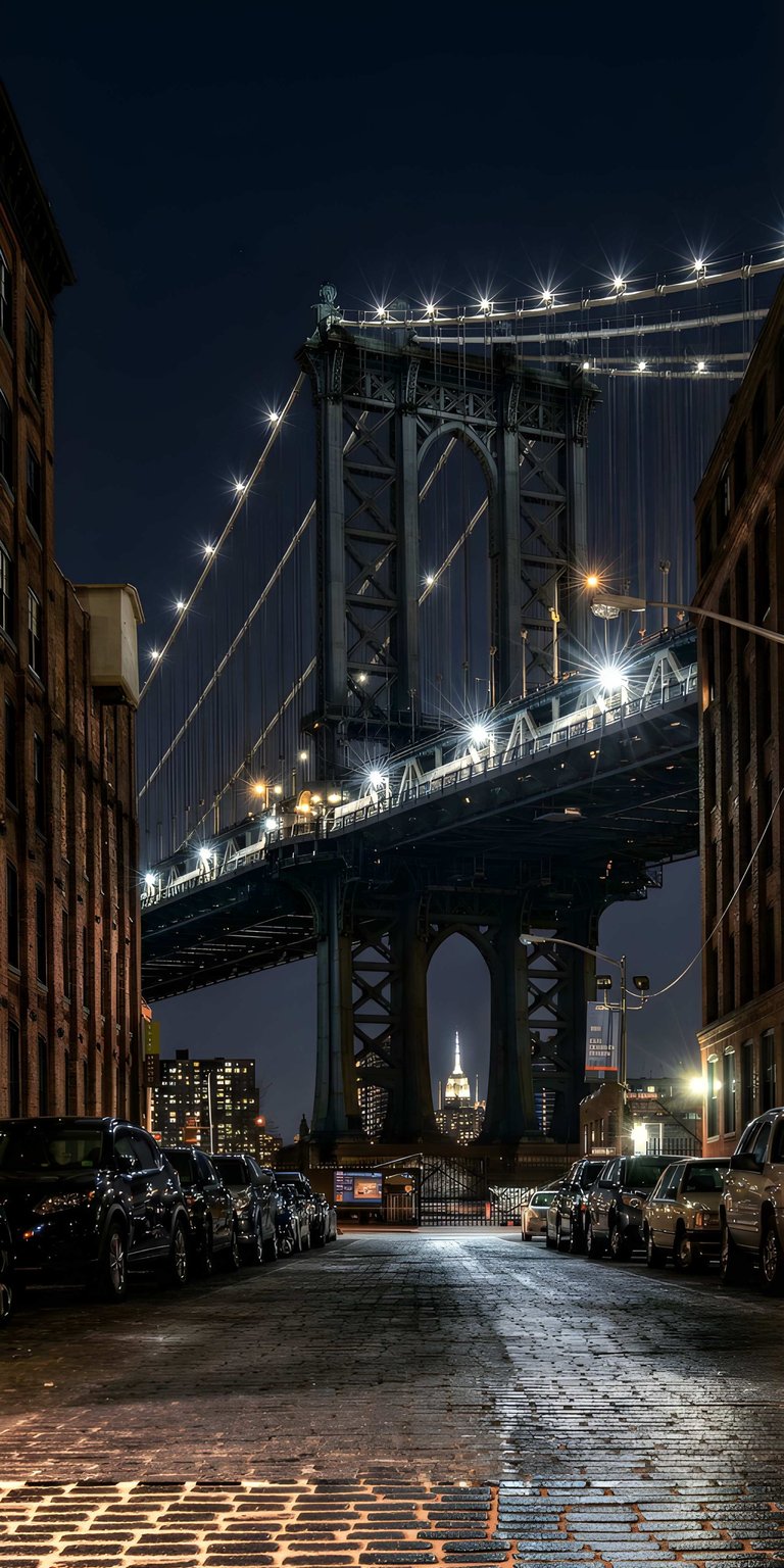 High-resolution urban landscape wallpaper featuring the iconic Manhattan Bridge at night. This aesthetic wallpaper captures the glowing city lights and cobblestone streets for a premium iPhone look.