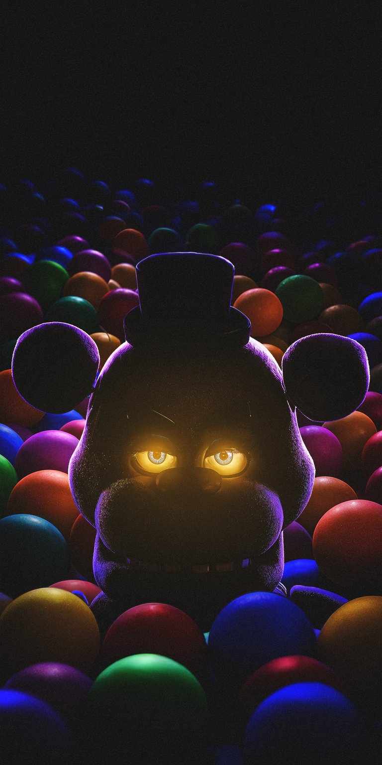 Download this Freddy Fazbear 4K wallpaper for your iPhone, showcasing the animatronic bear with glowing yellow eyes. This high-definition wallpaper also features Freddy wearing a top hat and surrounded by colorful balls.