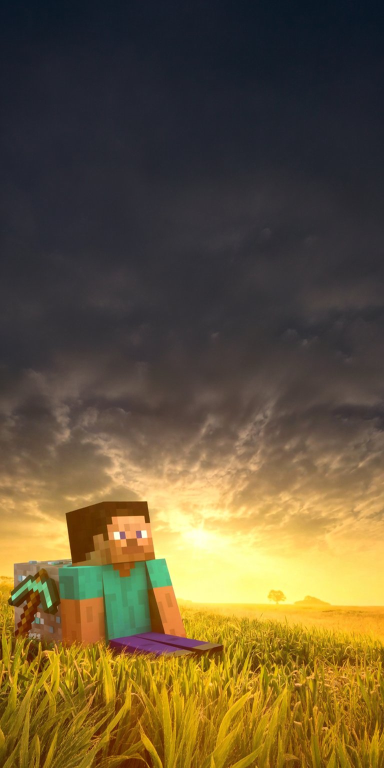 Download this stunning Steve from Minecraft wallpaper in 4K resolution for your iPhone! This wallpaper features Steve relaxing in a golden field, sitting against a block with a diamond pickaxe as the dark clouds roll in.