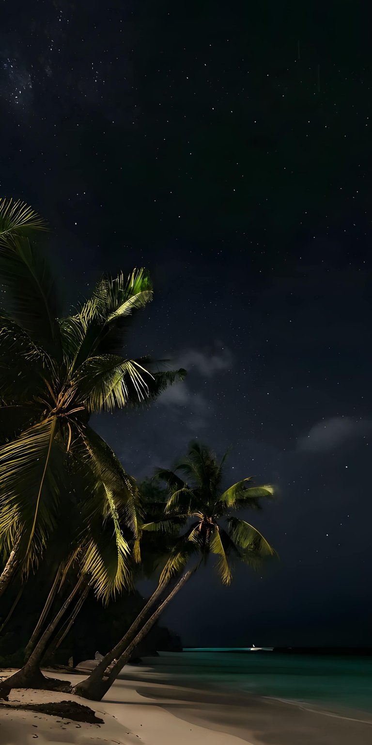 This stunning night beach palm trees 4K wallpaper brings a serene tropical night sky and starry ocean horizon to your mobile phone. Upgrade your iPhone with this high-resolution wallpaper featuring dark silhouettes and a peaceful island atmosphere.