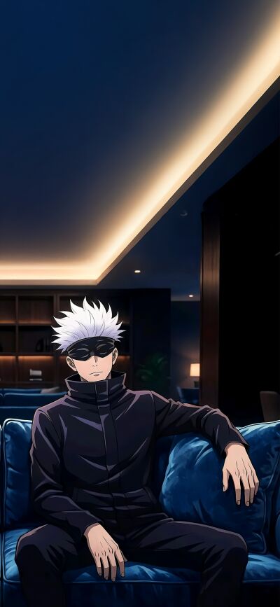 This 4K wallpaper features Kakashi and Gojo relaxing on a blue couch, perfect for an iPhone. It's a great matching wallpaper for you and a friend, with ambient lighting from nearby lamps and dark attire.