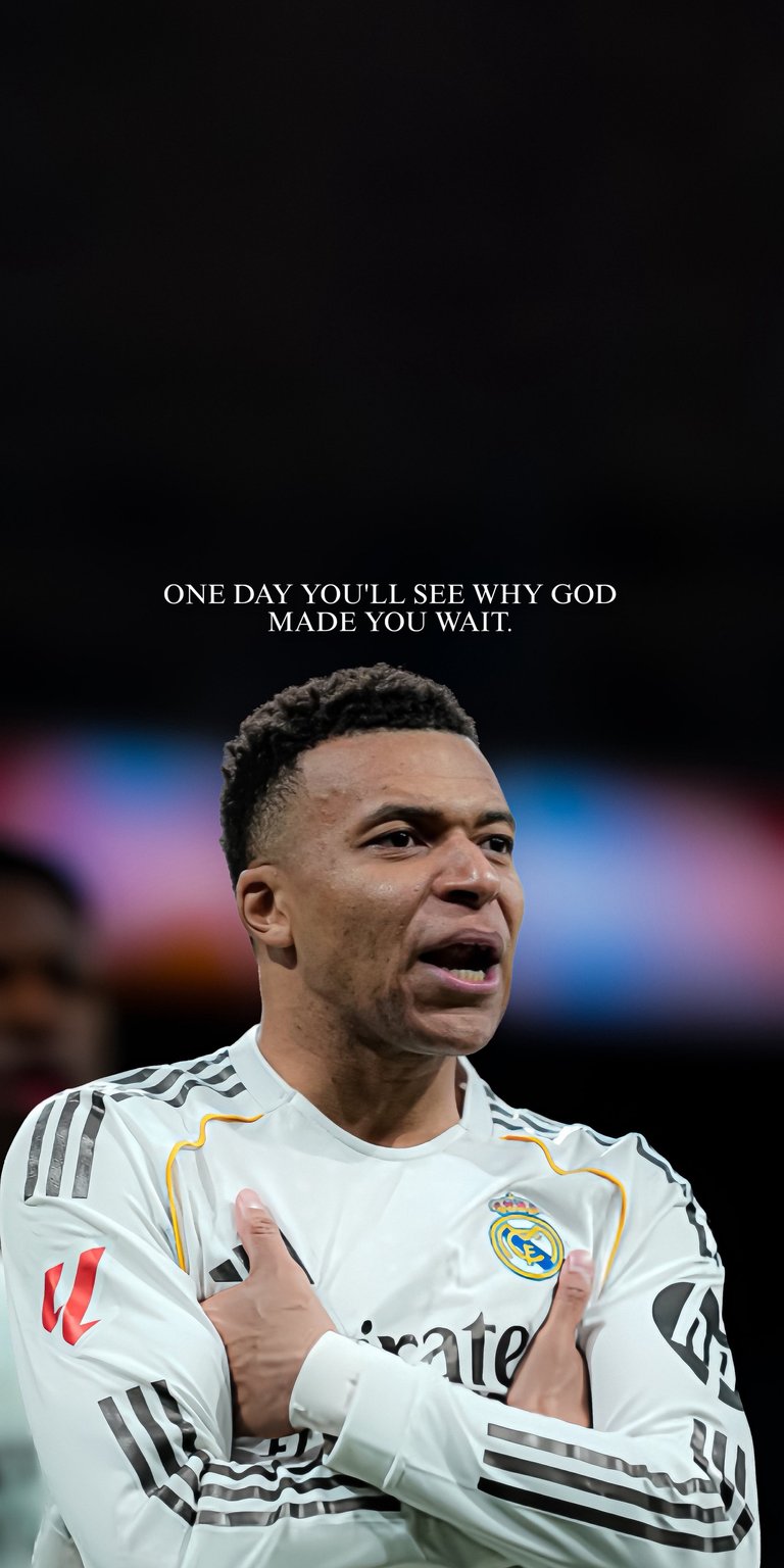 This 4K wallpaper features Kylian Mbappé in his white Real Madrid kit against a deep black background. Optimized as an OLED / AMOLED wallpaper for iPhone, the design highlights sharp contrast and the inspiring quote "One day you'll see why God made you wait."