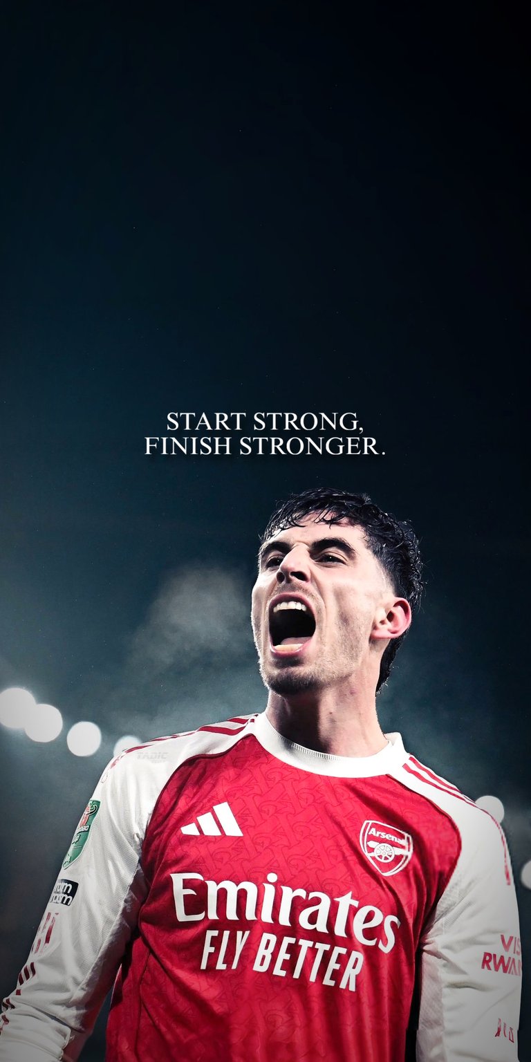Experience the intensity of this Kai Havertz 4K wallpaper featuring the motivational "Start Strong, Finish Stronger" quote. Designed specifically for our OLED wallpapers collection, this iPhone background showcases dramatic stadium lighting and the iconic red and white Arsenal kit against a deep, dark sky.