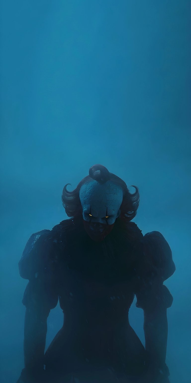Download this terrifying Pennywise 4K wallpaper for your iPhone, featuring glowing yellow eyes and a sinister clown grin. This high-resolution wallpaper showcases the eerie atmosphere of the movie with a haunting silhouette against a blue backdrop.