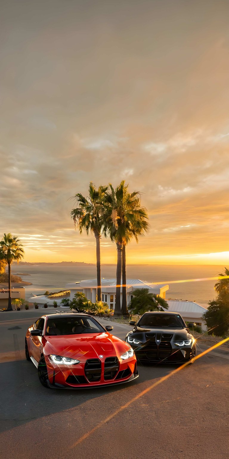 Download this stunning BMW M4 wallpaper in 4K for your iPhone, showcasing two models, one in vibrant red and another in sleek black, parked against a scenic backdrop of palm trees and a serene coastline during a golden sunset. This wallpaper captures the essence of luxury and performance.