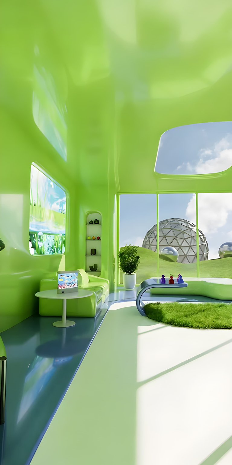 Download this captivating Green Room 4K wallpaper for your iPhone, showcasing a futuristic interior with a lime-green color scheme. The scene features an eccentric display with four statues on the table and a geodesic dome in the background, all rendered in stunning detail for an immersive wallpaper experience.
