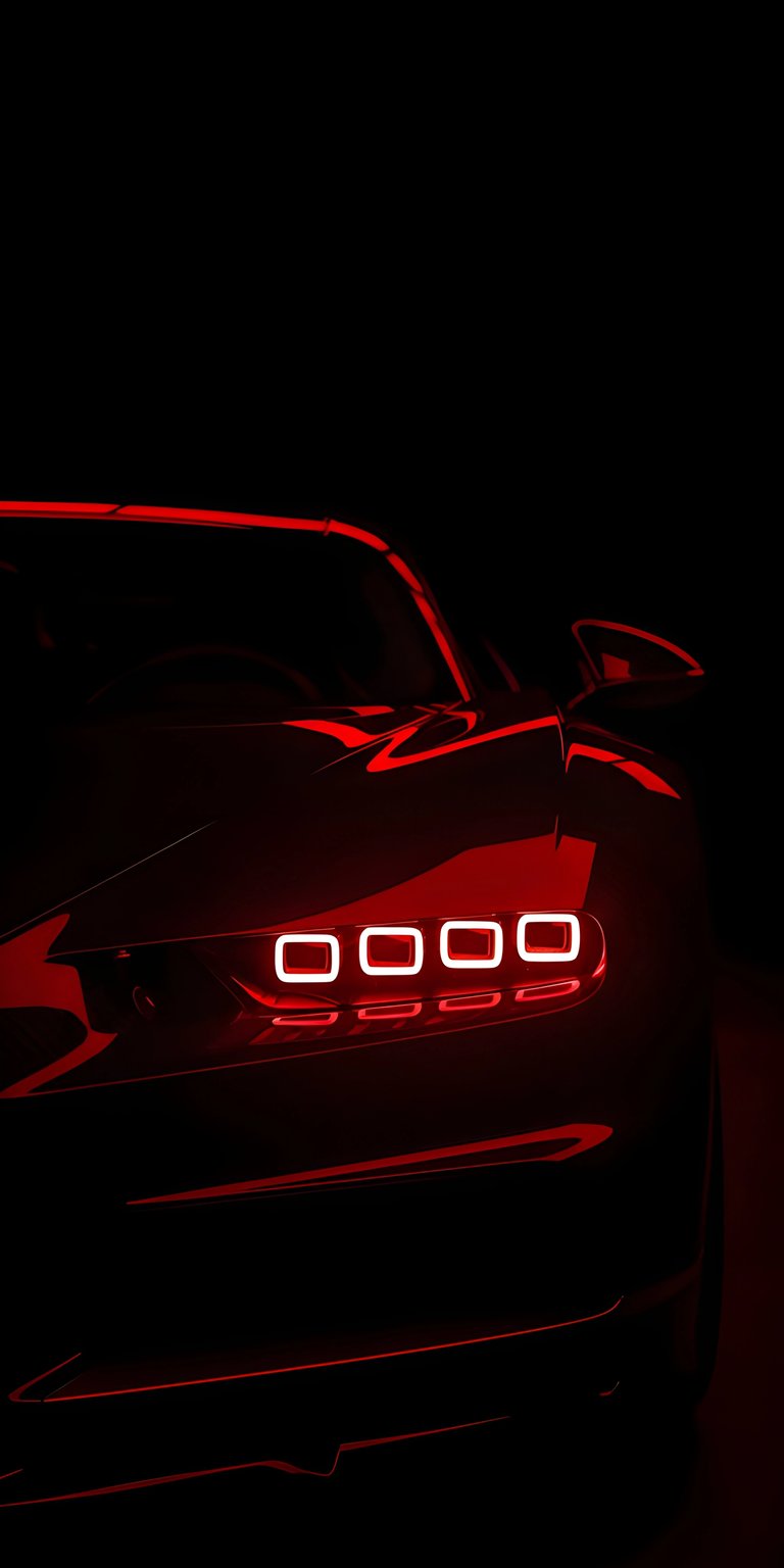 This 4K car wallpaper is optimized for iPhone screens to take full advantage of OLED wallpapers. The visual features sleek, glowing red horizontal tail lights against a deep black background, creating a moody and sophisticated automotive aesthetic.