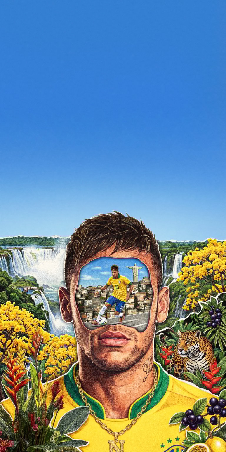 This aesthetic wallpaper features a vibrant, surreal collage of Neymar Jr. integrated with iconic Brazilian elements like the Amazon rainforest and Christ the Redeemer. The 4K mobile background utilizes rich yellow and green tones to create a high-depth, cultural tribute perfect for any iPhone.
