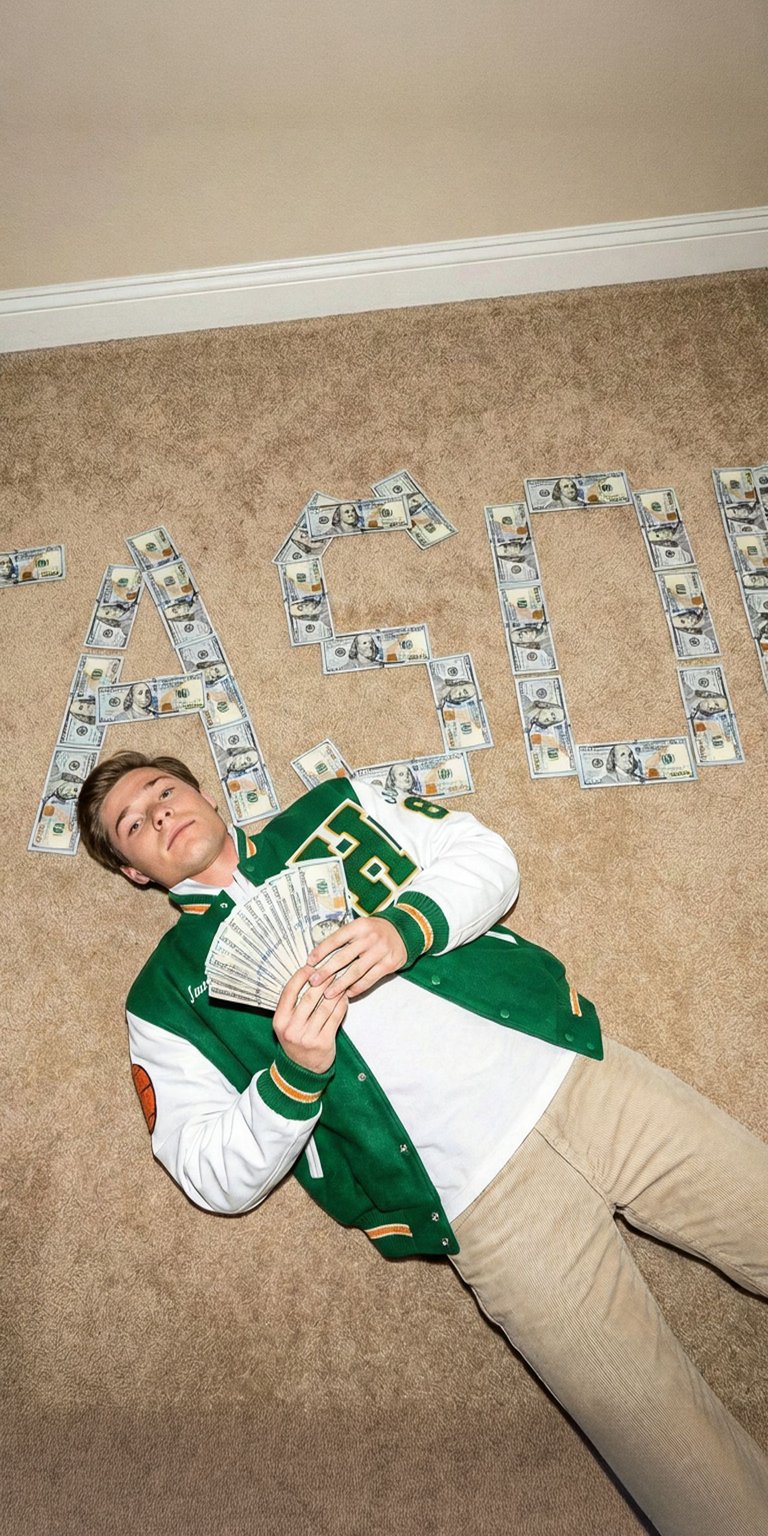 This live wallpaper features the character Jason Carver, lying on the carpet with hundreds of dollar bills arranged above him to spell out his name, "JASON". He is wearing a classic high school jock jacket (green and white) and holding a fan of money. This wallpaper captures the wealthy, preppy aesthetic of the character and is perfect for fans of Stranger Things who appreciate the complex characters of the show.