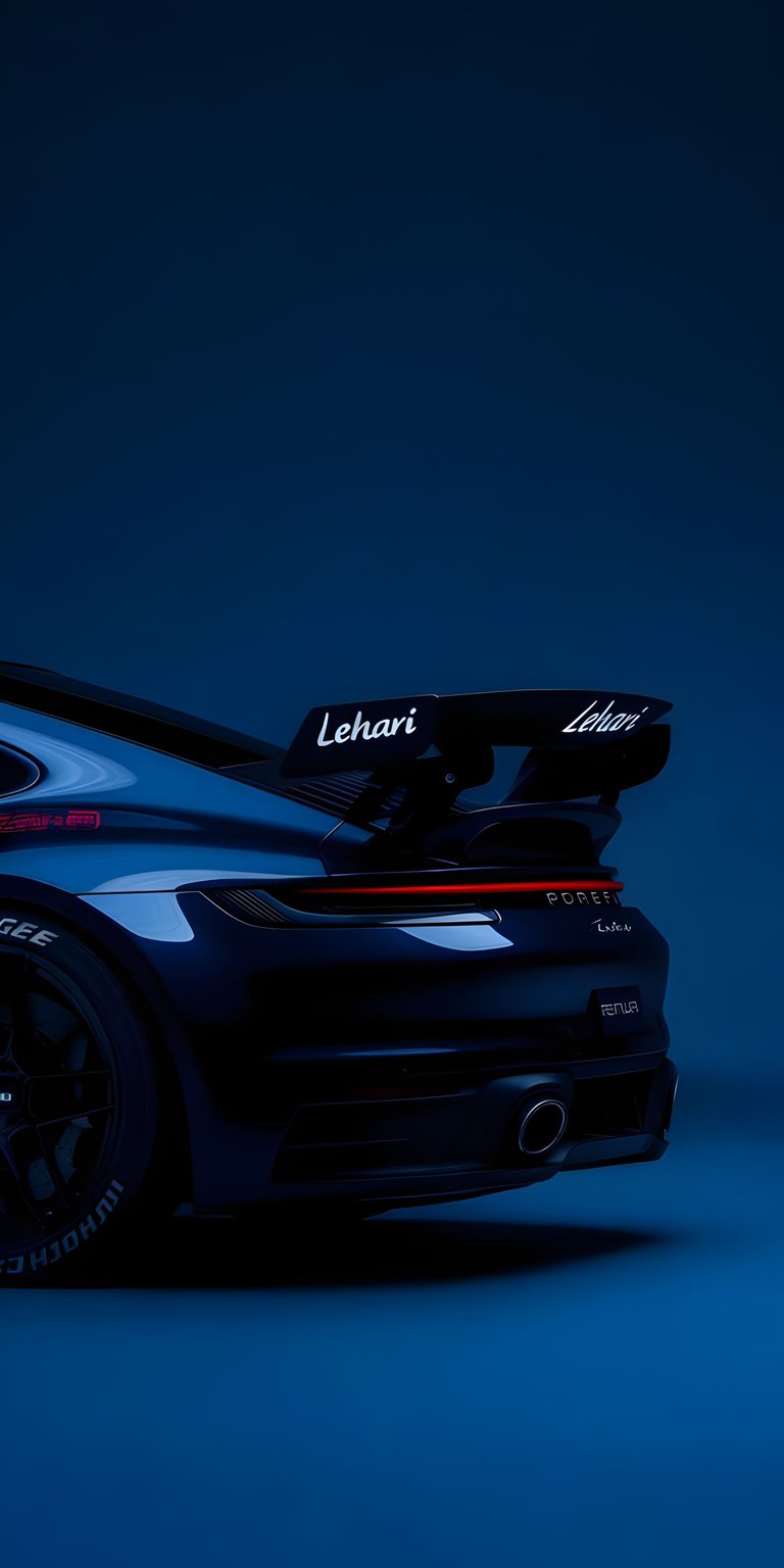Detailed rear view of a blue Porsche featuring a prominent spoiler and sleek taillights. This 3D spatial wallpaper is the perfect choice for an iPhone enthusiast looking for a high-end car wallpaper.