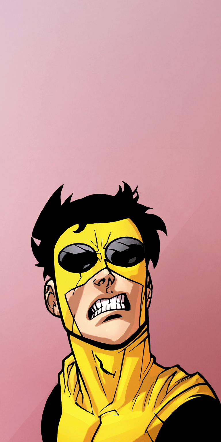 Invincible battle expression wallpaper presented as an aesthetic wallpapers style wallpaper for iPhone, focused on an intense illustrated close-up. This wallpaper features bold yellow tones, flat comic lighting, and an aggressive, high-energy mood with clear depth.