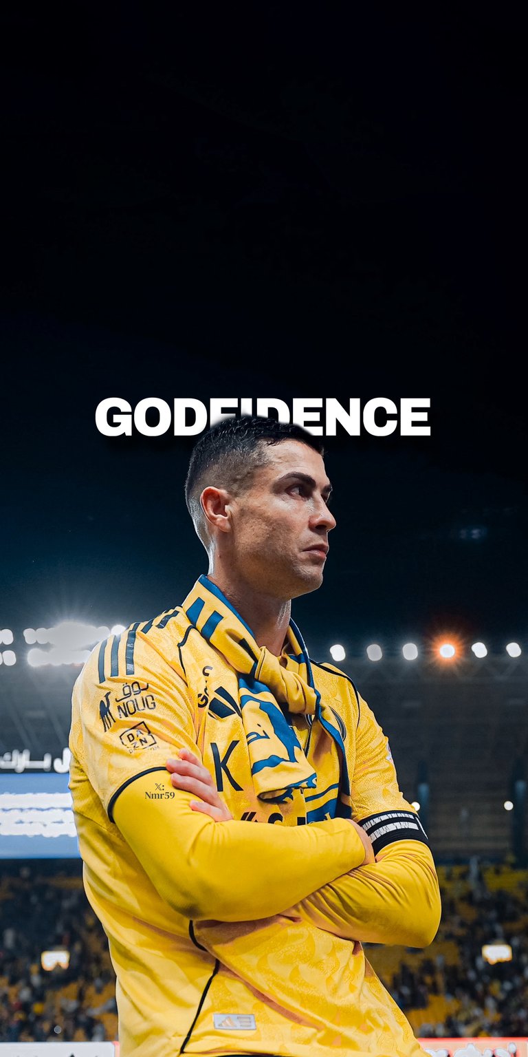 A majestic profile shot of the GOAT, Cristiano Ronaldo, featuring bold "CONFIDENCE" typography. Dressed in the Al Nassr yellow kit, this wallpaper celebrates CR7’s unwavering self-belief and status as a global football icon.