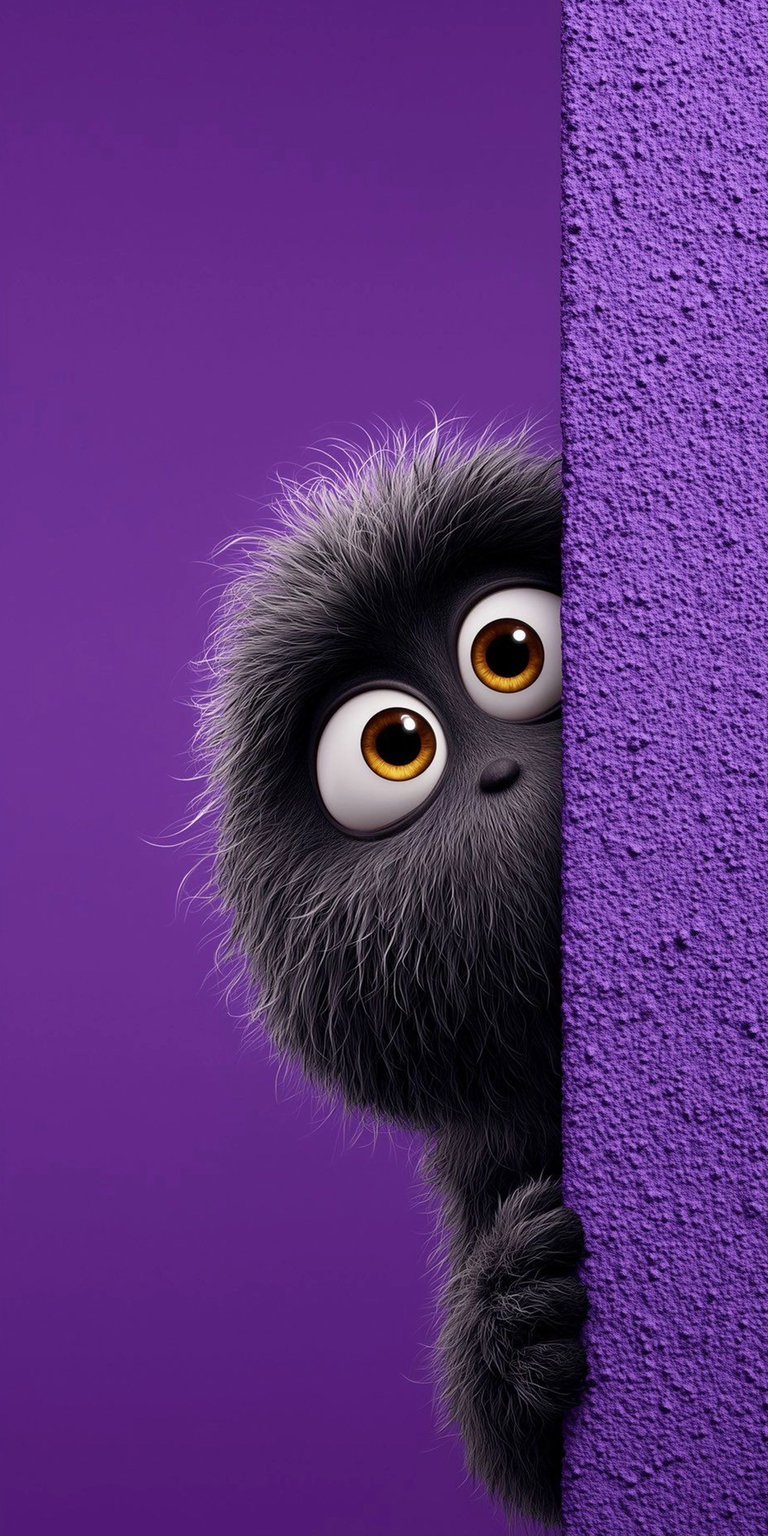 Download this adorable Minion 4K wallpaper for your iPhone, showcasing its fluffy fur, big, round eyes, and tiny black nose. This cute wallpaper features the Minion peeking from behind a textured purple wall.