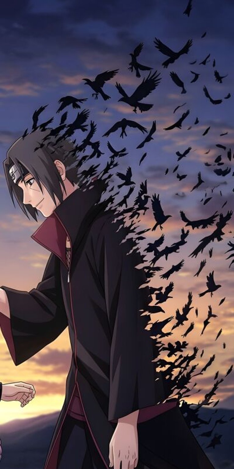 This matching Itachi Sasuke wallpaper in 4K resolution is perfect for iPhone. The wallpaper features a beautiful sunset sky, with crows flying away from Itachi, creating a unique wallpaper design.