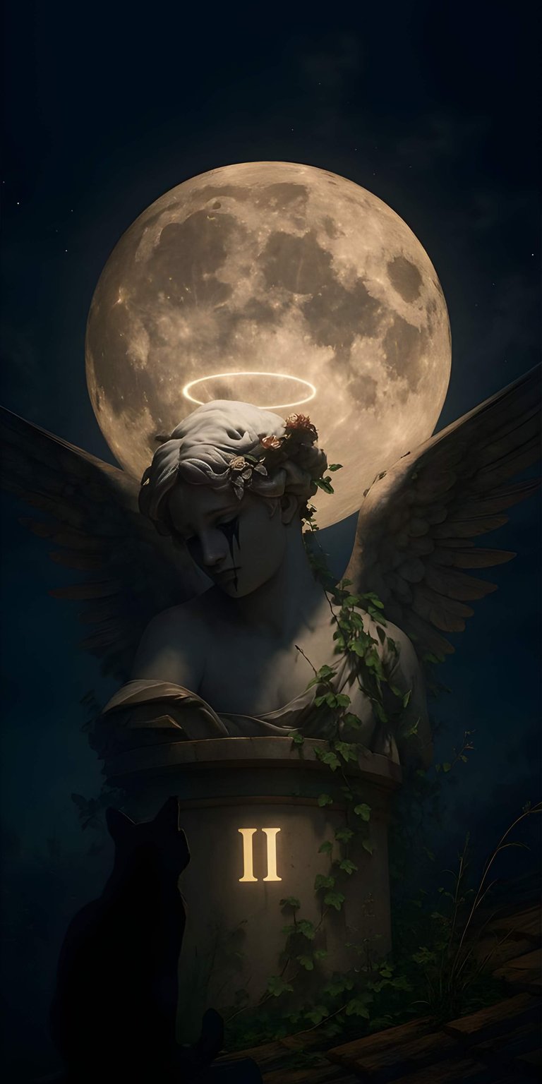 Download this stunning 4K wallpaper for your iPhone, featuring an angel statue under a glowing moon. Notice the halo, tear streaks and the Roman numeral II on the statue's pedestal, making this angel wallpaper a unique choice.
